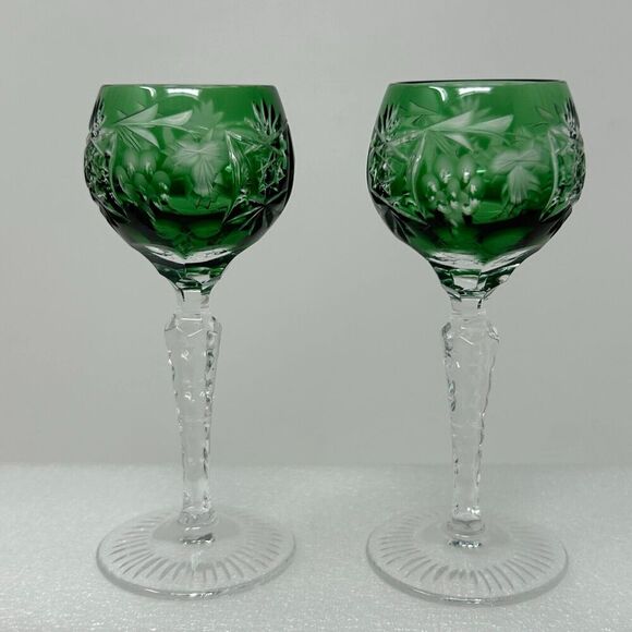 Nachtmann Traube Emerald Green Cordial 4.75” Cut To Clear Crystal Glass Set 2 - Picture 6 of 16